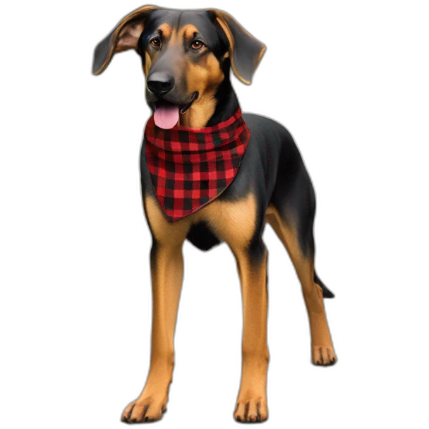 adult 75% Coonhound 25% German Shepherd mix dog with visible tail wearing small pointed red buffalo plaid bandana full body walking left quickly emoji