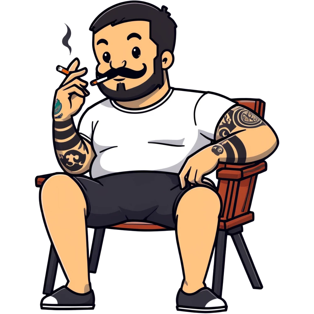 Heavy-set man leaning back in chair with legs spread, smoking cigarette, exposed belly, round face, short black hair, beard with mustache, black t-shirt with light stripes on top portion, sleeves rolled up, black shorts, arms decorated with distinct black graphic tattoo patterns emoji