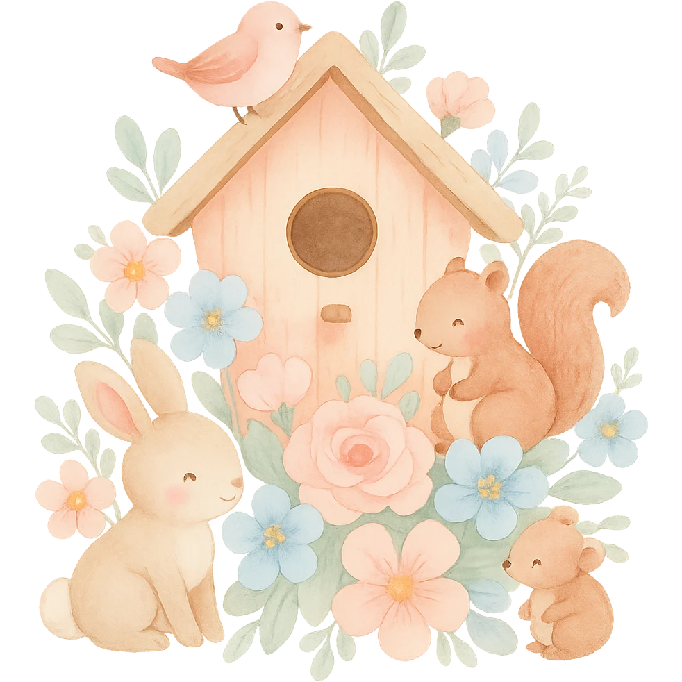 birdhouse with flowers and forest creatures including bunnies, birds, squirrels, cozy pastel design, soft pastel colors, transparent background emoji