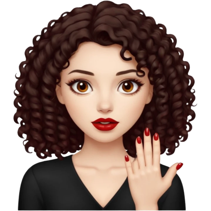 girl, really dark brown hair, curly hair, dark brown eyes, pale skin, dark red lips, medium hair, showing her red nails baddie emoji