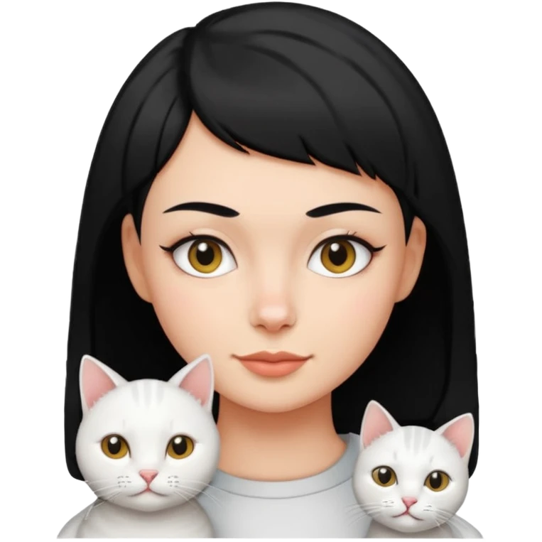 One white cat and Lady with black buzz cut hair and dimple on the right dide face emoji