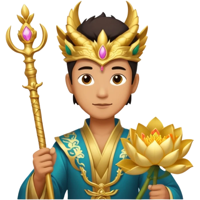 man with asian dragon, scepter, buddhism, lotus emoji