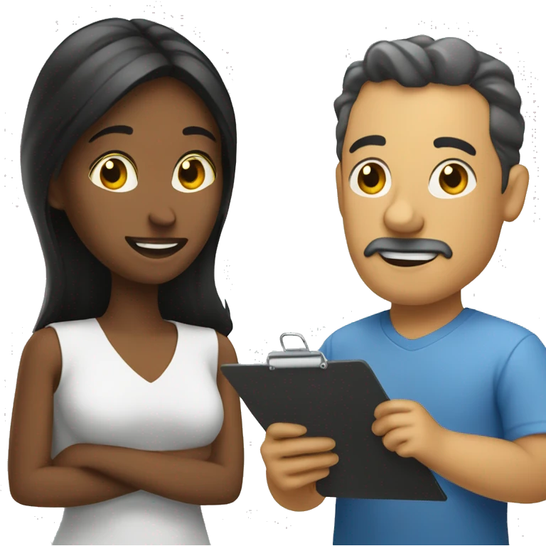 Woman with clipboard talking to man emoji