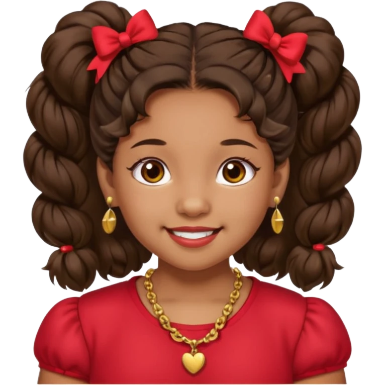 Brownskin girl dark brown hair fluffy. pigtails with red bows brown eyes smiling closed mouth red shirt gold esrrings gold necklace emoji