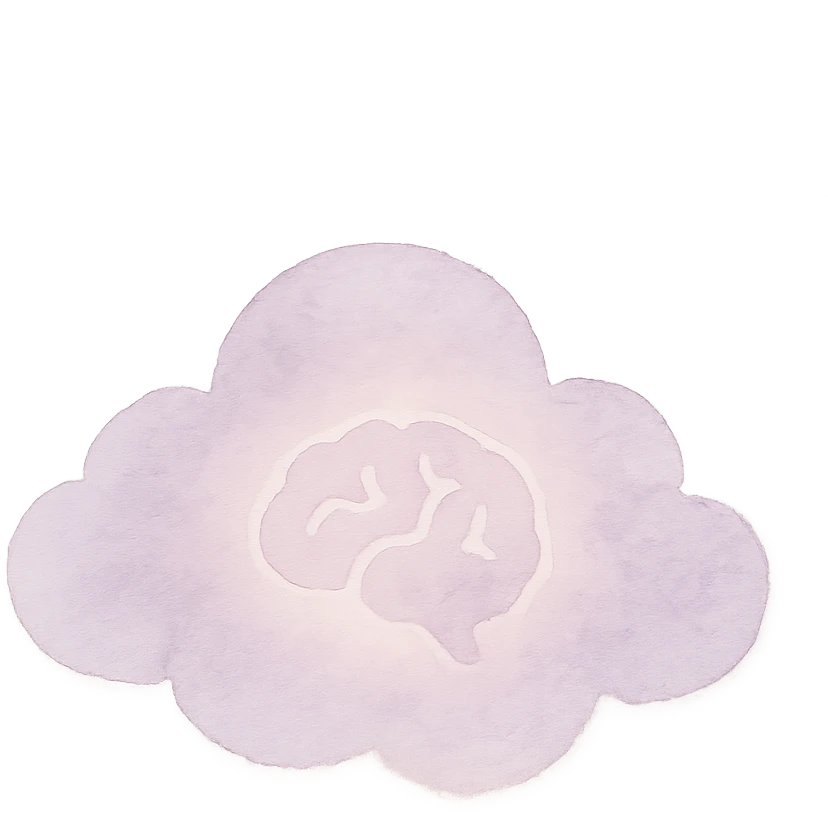 small ethereal dreamcore emoji of a soft pastel lavender cloud with subtle luminous internal glow, faint glowing brain outline inside, soft contemplative slightly enigmatic feel, watercolor texture emoji