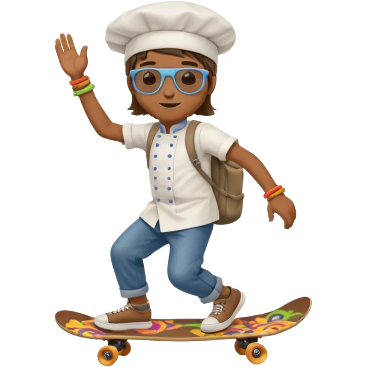 ["A happy boy with brown skin, straight hair, wearing a chef hat and sunglasses, dressed in hippie fashion, is skateboarding while holding a backpack."] emoji