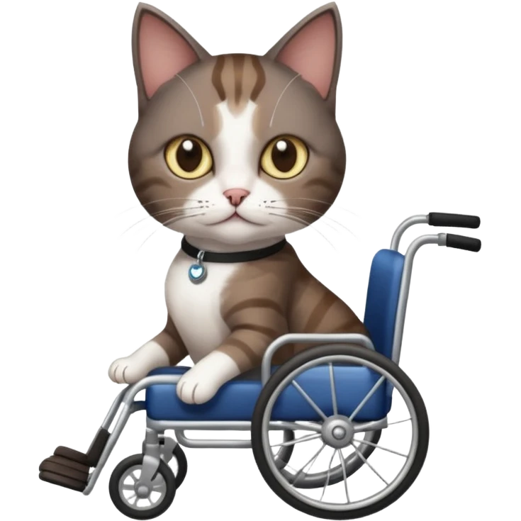 full body small short hair dark brown and white cat with hazel eyes walking in a wheelchair for cats emoji