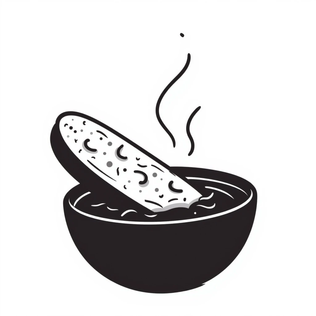 french onion soup, brown broth, toasted bread, hand drawn doodle style emoji