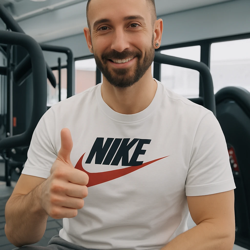 The man in the photo is making the OK gesture with his thumb up, showing a satisfied expression, in a gym environment, photorealistic style. emoji