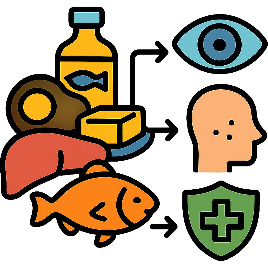 Food sources of Vitamin A: liver, egg yolk, cod liver oil, butter, and fish with arrows pointing to eye, skin and immune shield emoji