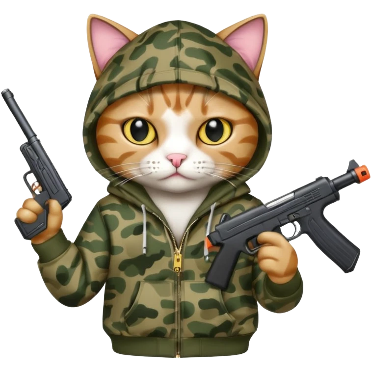 A gangster cat wearing a bape hoodie with a BB gun emoji