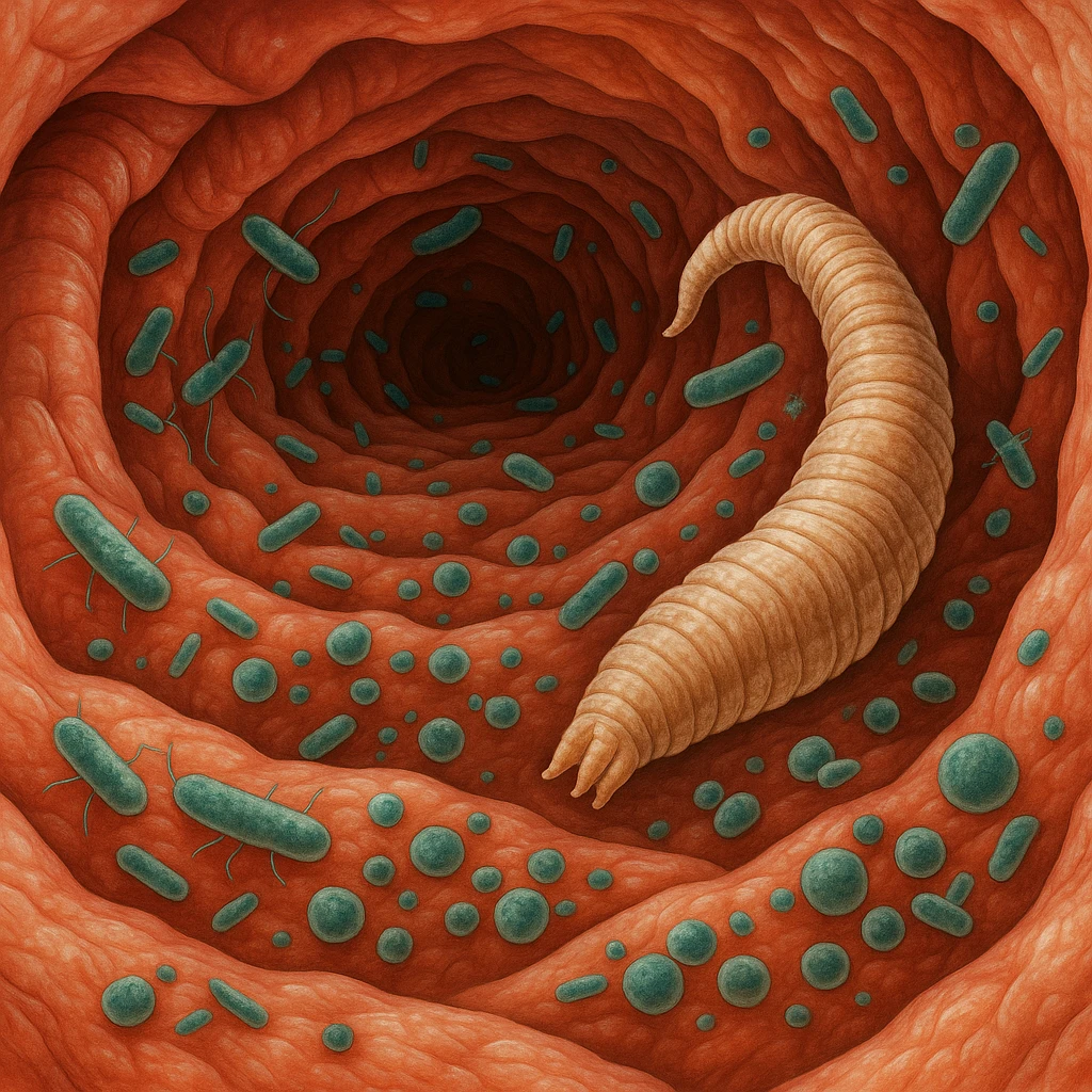 a medical illustration of a human realistic gut with bacteria and parasyte emoji