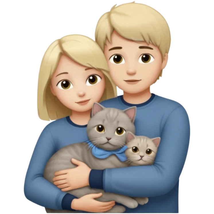 long Blonde haired girl and brunette short haired boy hugging one grey scottish fold cat emoji