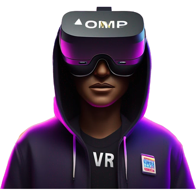 Donald Trump wearing a black hoodie with "OMG" letters on it and VR headset oculus quest 2 in a cyberpunk VR environment with violet neon lighting. emoji