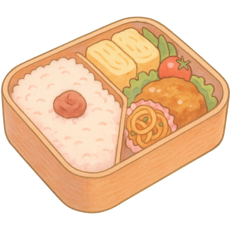 Japanese style bento box, soft pastel kawaii hand-drawn style, full object emoji