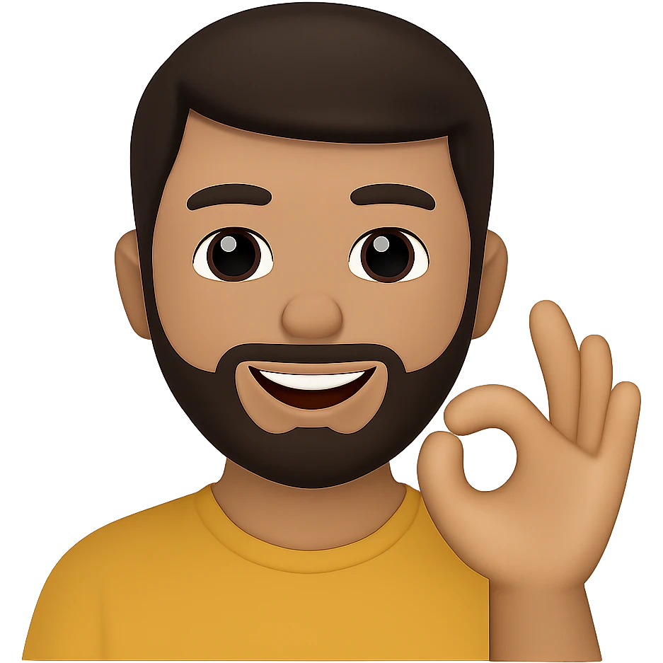 Edit the image to depict a smiling man showing the 'okey' gesture in the style of apple emojis with normalized, natural-looking fingers. Keep the apple emoji style but enhance finger naturalness and normalization. emoji