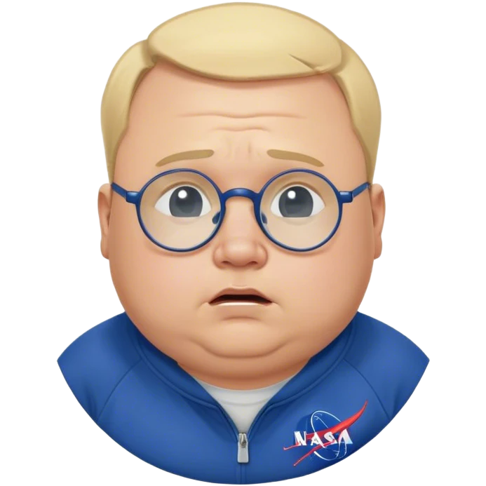 crying chubby salesperson, with blond short receding hairline, wears a dark blue nasa sweatshirt, nasa logo on the breast, round glasses, 40 years old emoji