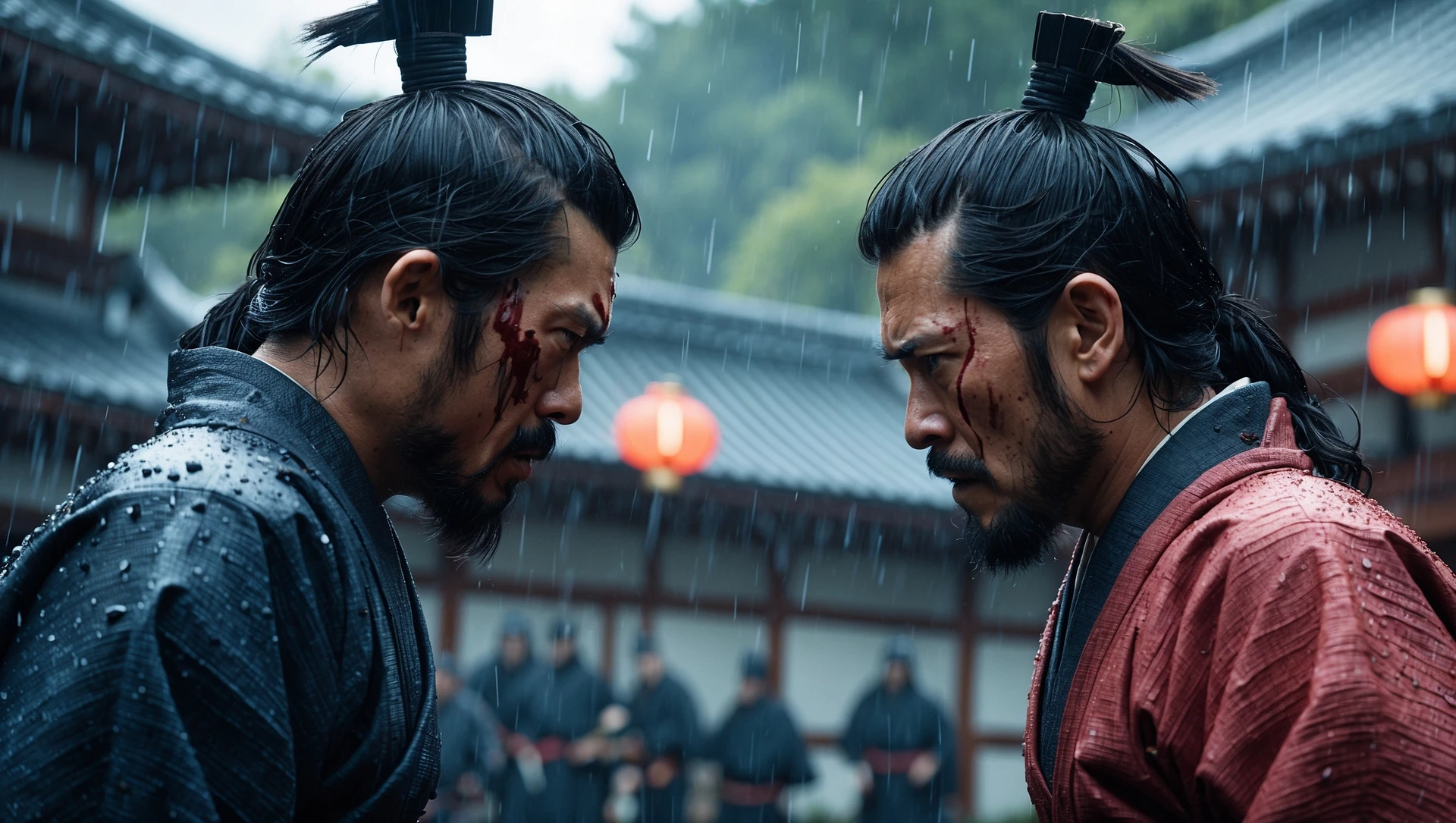 A cinematic scane of a two japan samurai face to face ready to fight during rain, Medium shot, deph composition, tense atmosphere, shot by arri alexa, film directed by wes anderson emoji