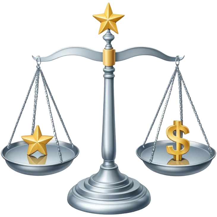 A balanced scale with dollar bills on the left side and three stars on the right side emoji