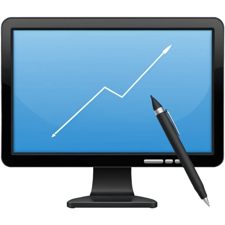Minimalistic flat vector icon, iOS style, thin black contour on white background. Computer monitor with a pen tool icon. No text, no shadows.
 emoji