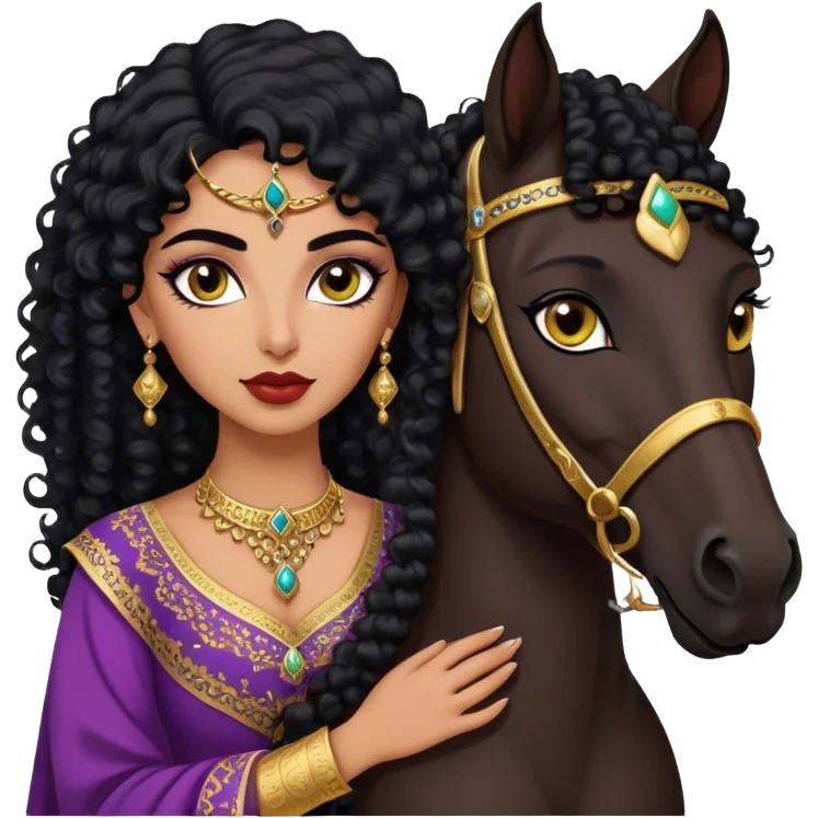 Middle Eastern woman with black curly hair and well defined eyebrows and full lips and black cat eyeliner long lashes  wearing a traditional dress holding into a Arabic horse  emoji