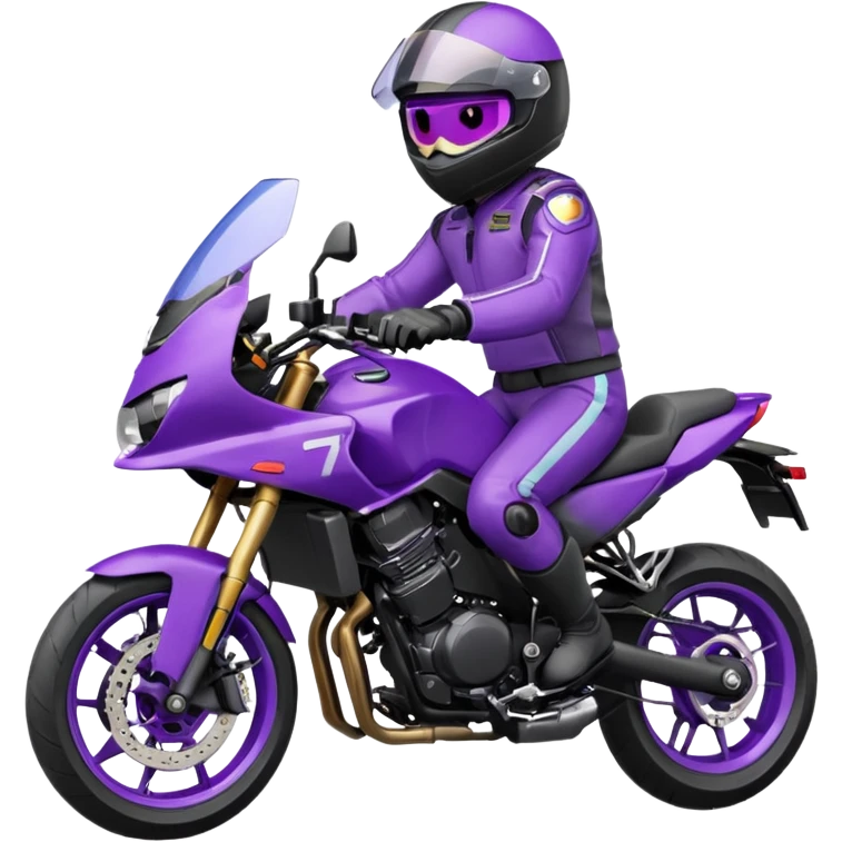 Créer un emoji avec une moto mt07 sport noir mate / violet iridescent très foncé, pare-brise de la moto violet. Avec une pilote dessus visière violet sombre visage caché . Avec fond arrière violet en arrière plan. emoji