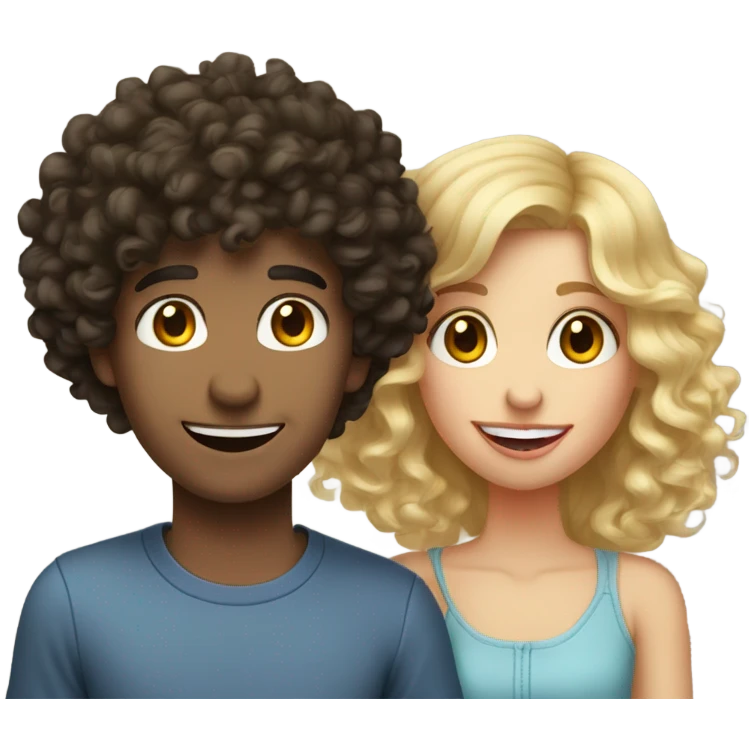 Dark curly haired shorter girl with taller blond boy smiling with tongue out couple photo emoji