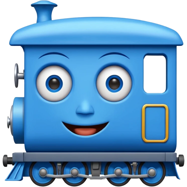 An square blue train with a human face at the front emoji