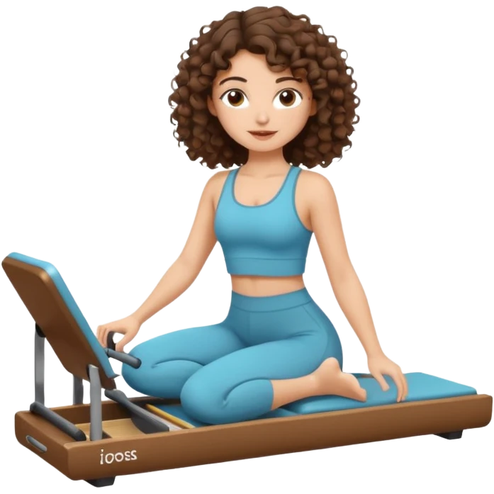 brunette,curly hair shoulder lenght,turkish 3b girl doing reformer pilates with cute set, emoji