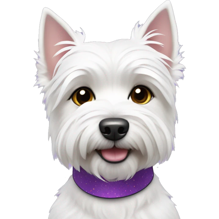Westie dog wearing a white collar with purple hearts emoji