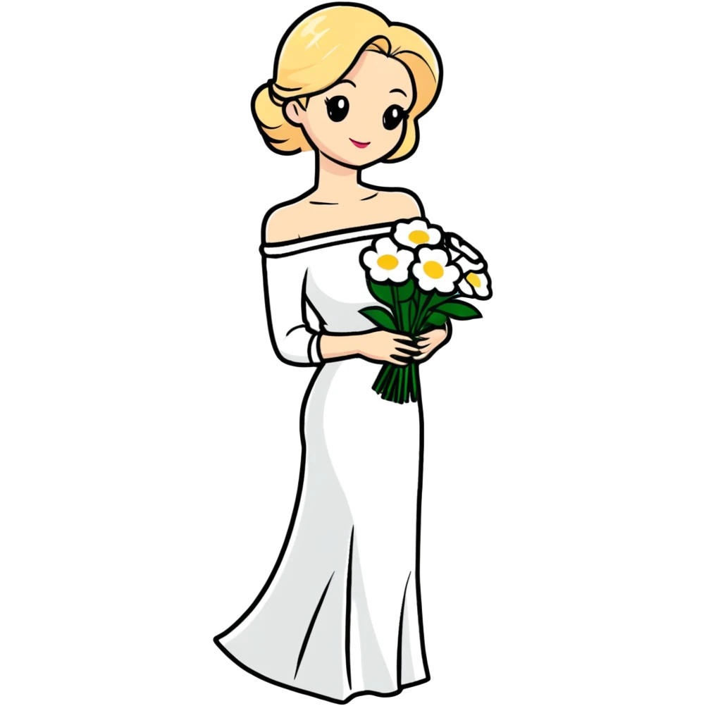 blonde woman in a white off-shoulder dress with long sleeves and a bouquet of white flowers in a white bag in her right hand emoji