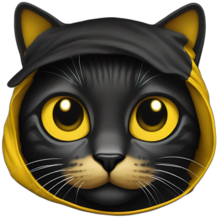 Gato preto com coleira bandana amarela no pescoço, e máscara na cara emoji