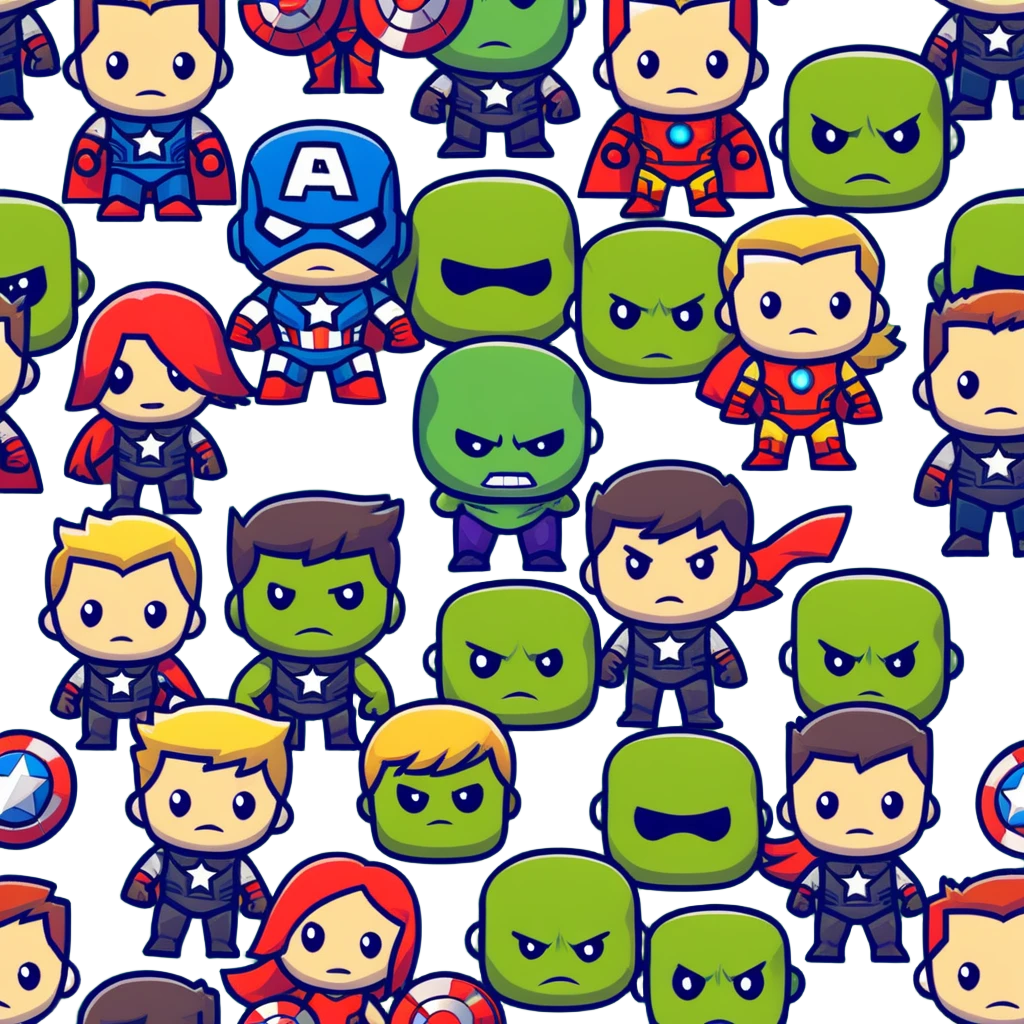 Chibi Avengers team with cute small proportions, big heads, tiny bodies. Include Iron Man, Captain America, Thor, Hulk, Black Widow, and Hawkeye with adorable expressions emoji