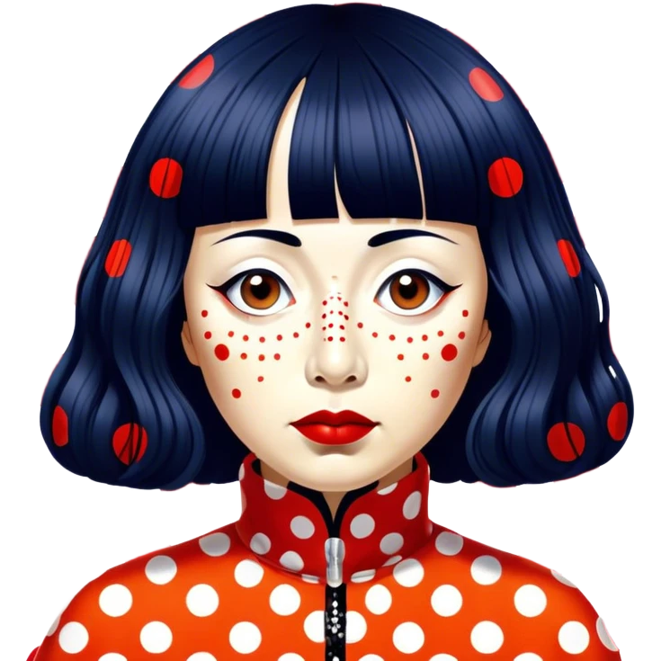 Yayoi Kusama – Cinematic Realistic Portrait of Yayoi Kusama, depicted as an avant-garde artist with an eccentric, captivating expression surrounded by her iconic polka dot patterns, rendered with vivid textures and imaginative lighting that evokes her unique, surreal creative world. emoji