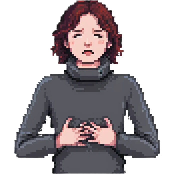 person with hands around their own neck, self-choking, simple and clear pixel art emoji