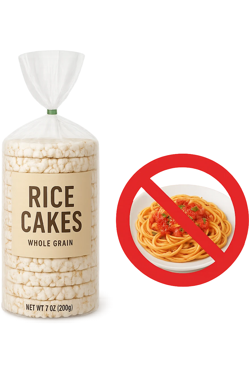 confezione di gallette di riso con accanto un piatto di pasta con divieto sopra, in italiano,  realistici emoji