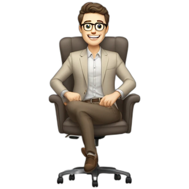 Joyful Celebrating victory Pale skinned Fit Man With dark brown hair in gray jacket, beige office shirt, Brown pants and vintage glasses sitting In a soft chair emoji