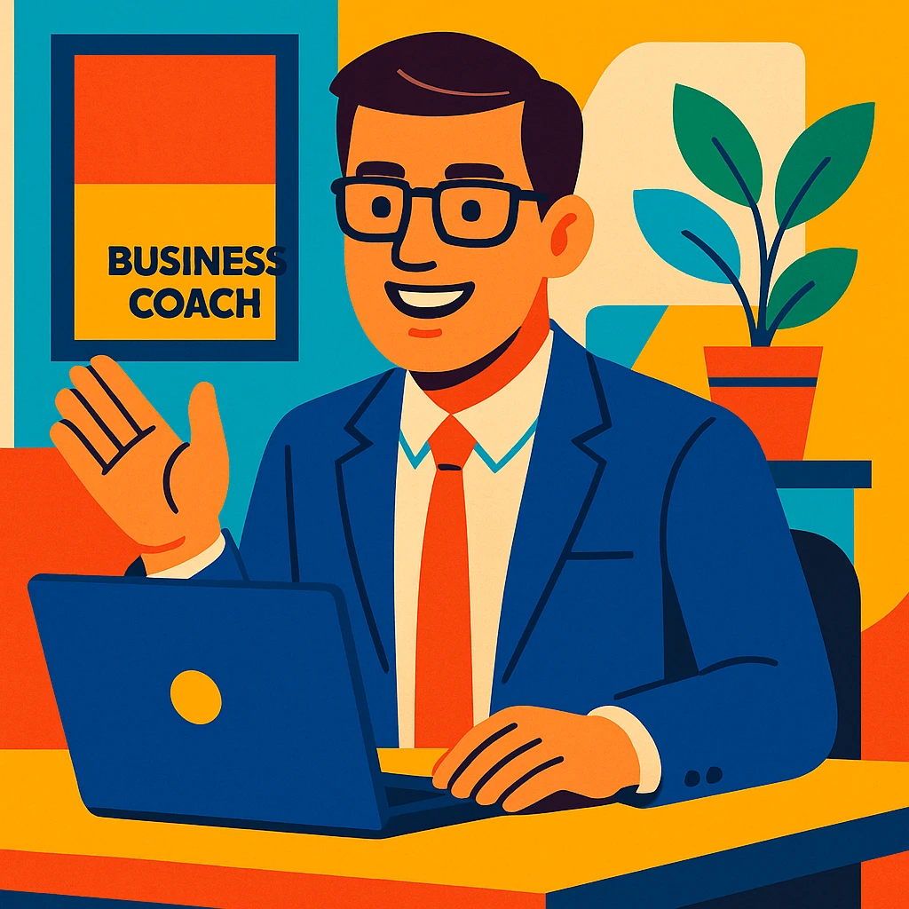 A 35-year-old male business coach sitting at a desk with a laptop emoji