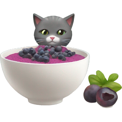 create a fit cat drinking acai from a bowl sitting on the beach emoji