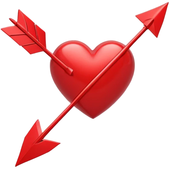 Apple-style 3D illustration of a glossy red heart pierced by a horizontal double-ended arrow. One end of the arrow has a small female symbol, the other end has a small male symbol. The heart is centered, shiny, with soft shadows, floating on a clean white background, minimal and emotional design emoji