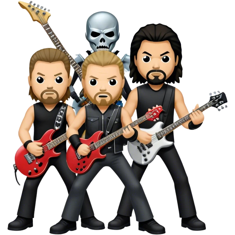 Icon for Metal Music: Metallica four band members detailed in their signature look. James Hetfield with guitar, Lars Ulrich on drums, Kirk Hammett with his electric guitar, and Robert Trujillo playing bass. Bold, energetic style, all in a heavy metal aesthetic. Transparent background. emoji
