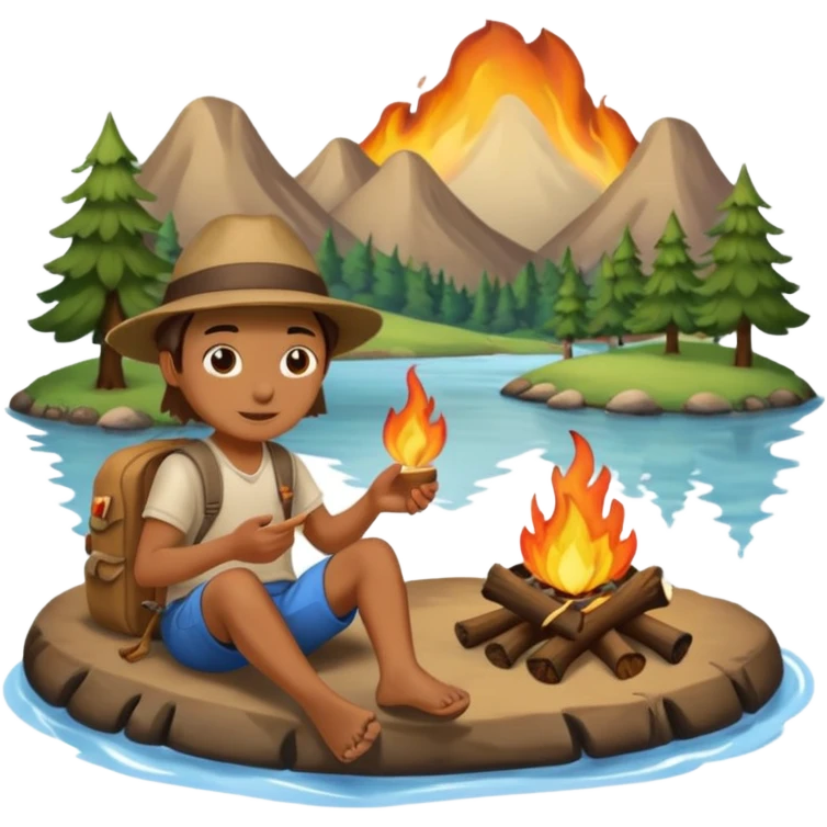 Camper by river with campfire emoji