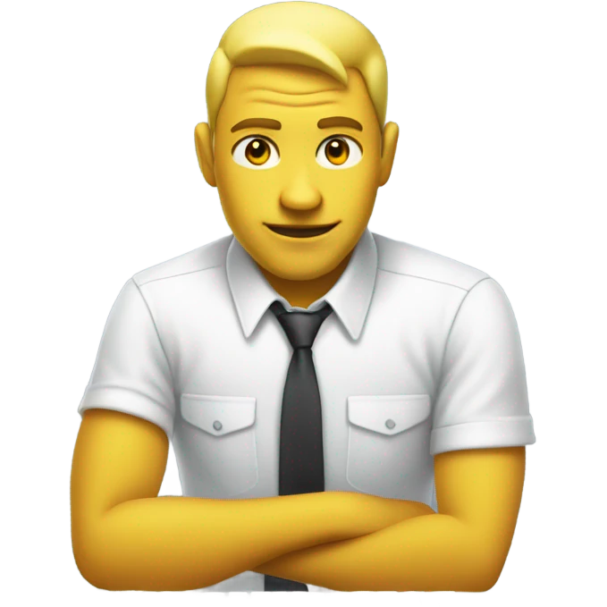 yellow skin man using white keyboard on desk wearing white button down shirt front view emoji