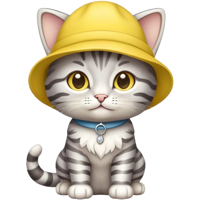 Silver tabby cat cub with yellow hat full body emoji
