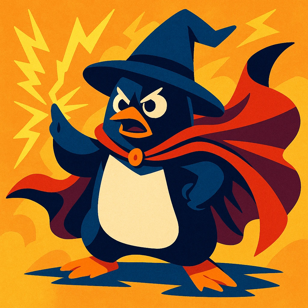 heroic penguin wizard with dramatic cape and lightning magic, bold dynamic style emoji