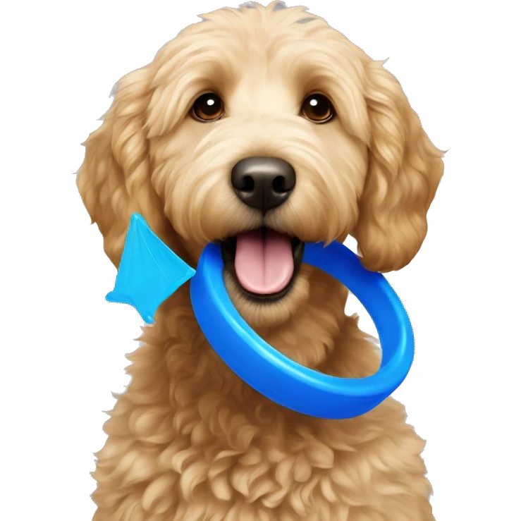 blonde golden doodle with blue frisbee in his mouth emoji