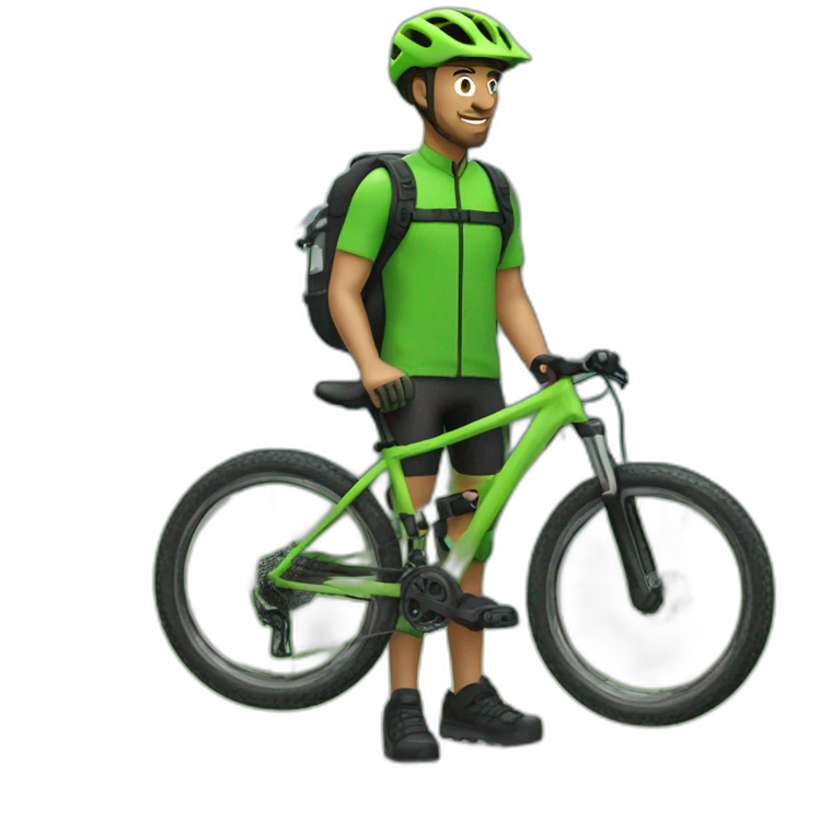 Mountain biker adulto. Sin mochila, con bicicleta de color verde, y con ropa de color negra emoji