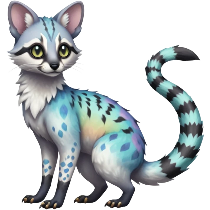 Rare iridescent white beautiful pretty realistic exotic epic aesthetic colorful Trico-Genet-species-Fakemon-hybrid-creature, with intricate tattoo markings, full body emoji