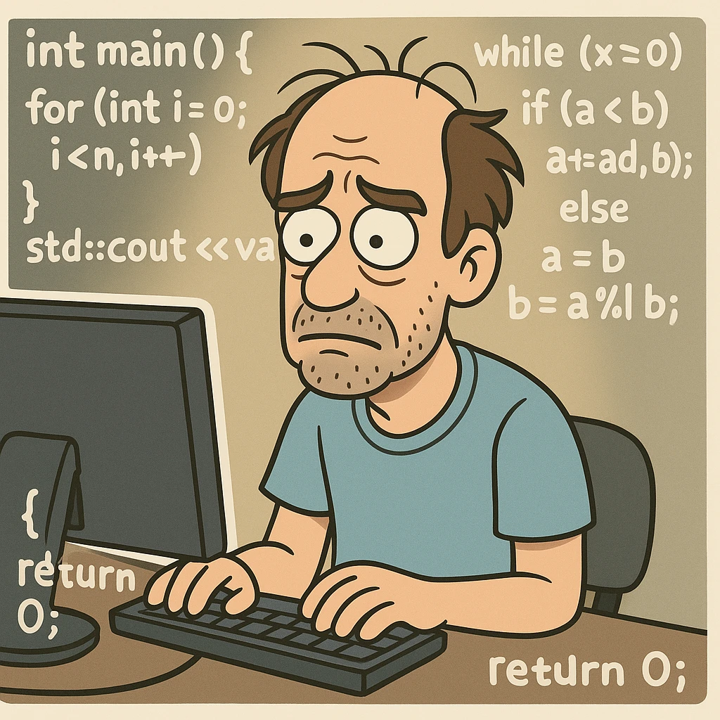 Terry A. Davis as a computer programmer, surrounded by code, cartoon style emoji