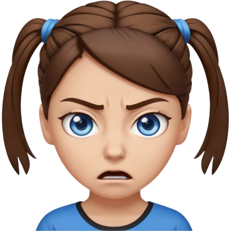 girl with blue eyes, brown hair tied up, angry emoji